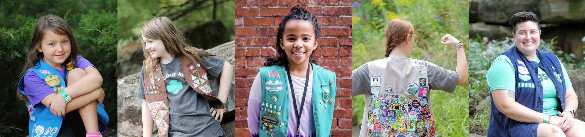  Girls of each grade level in vests filled with badges and patches 