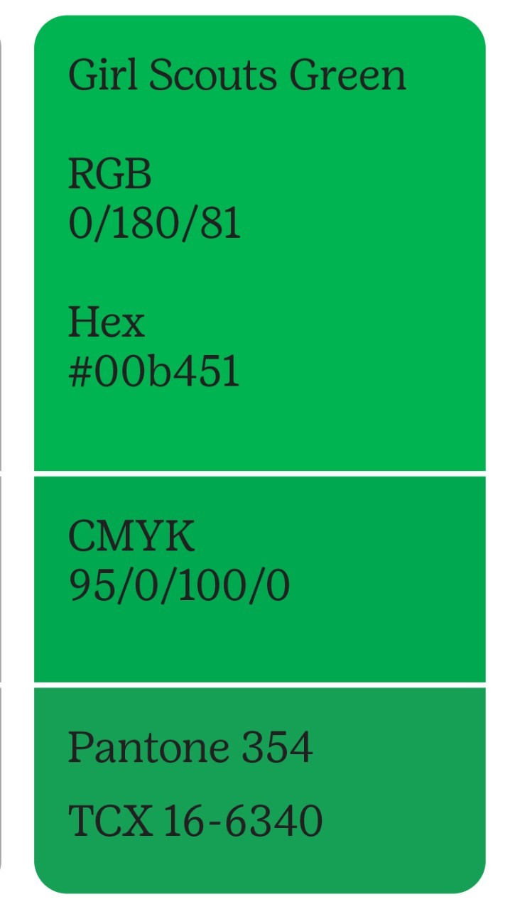 RBG 0/180/81; Hex #00b451; CMYK 95/0/100/0; Pantone 354 TCX 16-6340